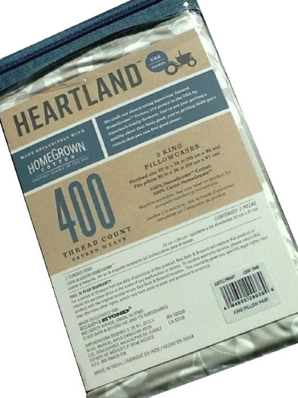 new Heartland 400 TC 100% Cotton Sateen KING Pillowcases - WHITE LEAF on GRAY